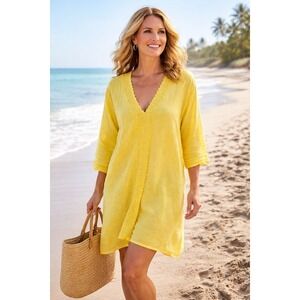 Peruvian Swim Coverup Gauzy Dress Women M Yellow Cotton Beach Pool Vacation Boho